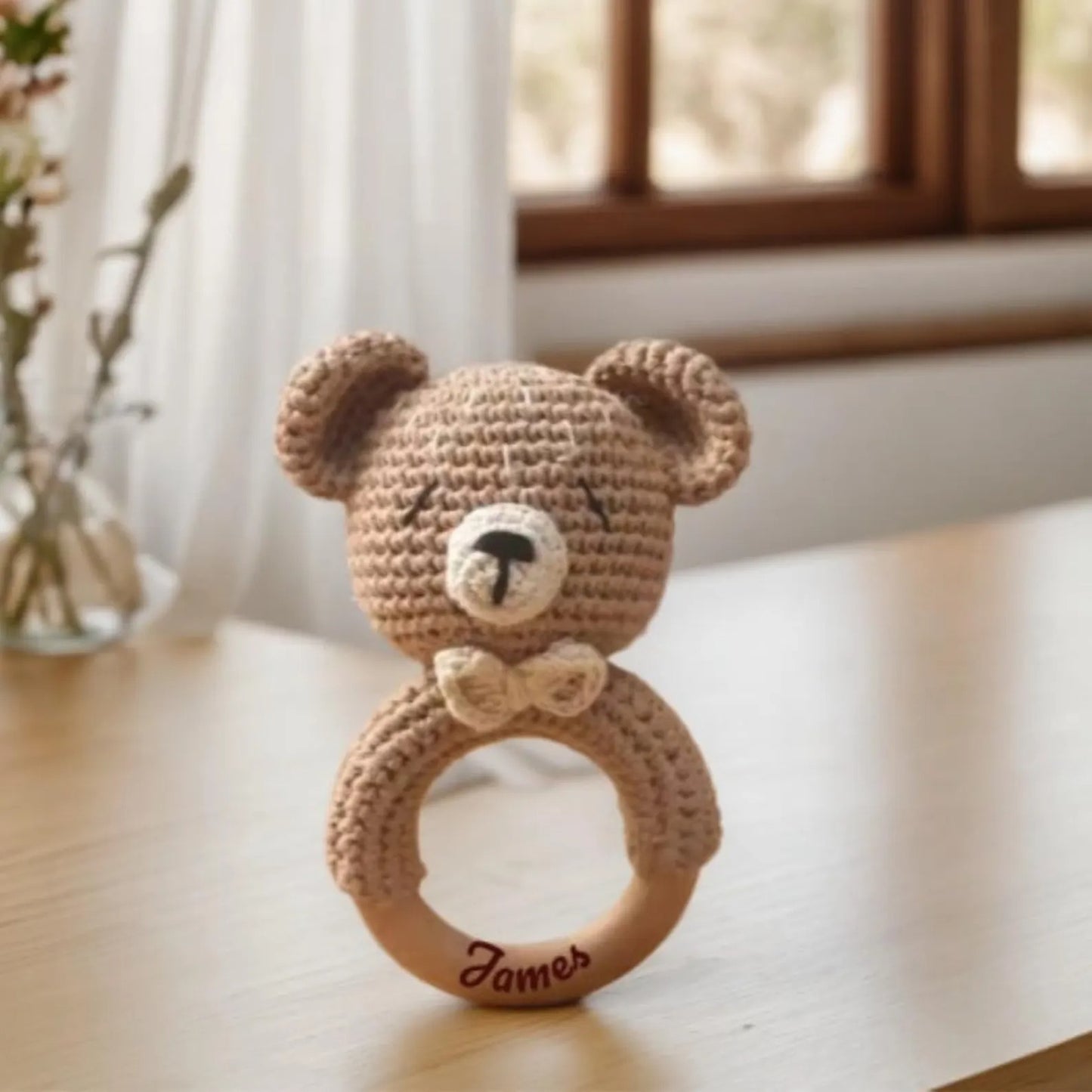 Animal Crochet Rattle, Wooden Baby Rattle,Engraved Crochet Teeth Ring