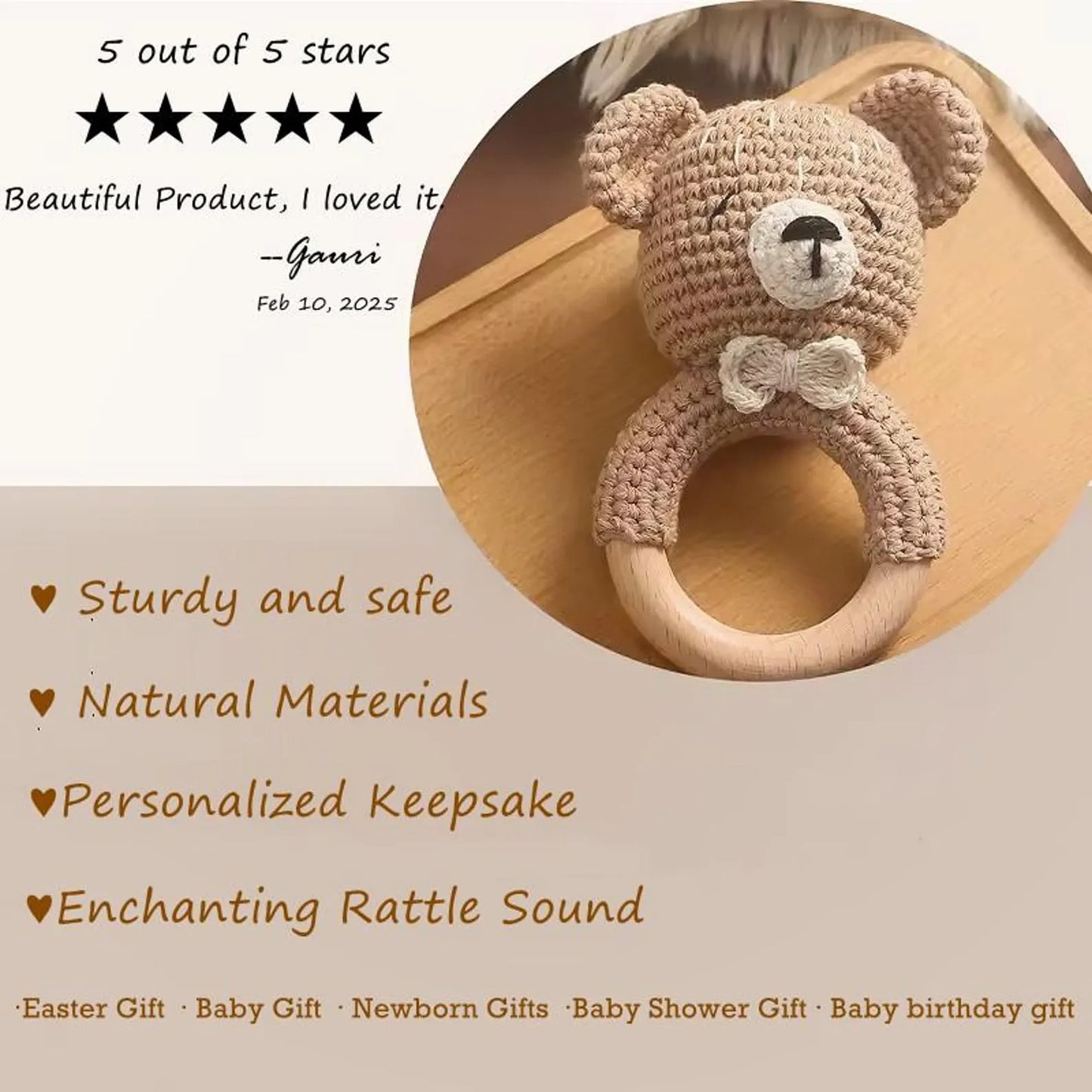 Animal Crochet Rattle, Wooden Baby Rattle,Engraved Crochet Teeth Ring