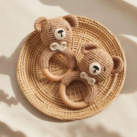 Animal Crochet Rattle, Wooden Baby Rattle,Engraved Crochet Teeth Ring